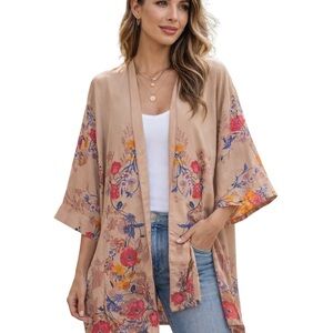 A NEW DAY Kimono Cardigan Tan Flower Detail Flare Sleeves Midi Women’s SZ M/L